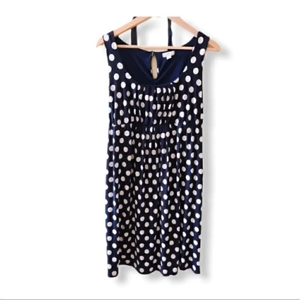 A Pea In The Pod Maternity Dress with Flower Belt Navy Polka Dot Dress, SZ S